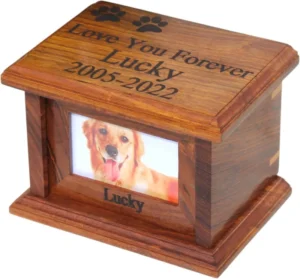 Custom Wooden Photo Pet Cremation Urn Engraved Memorial Ashes Box for Dogs and Cats