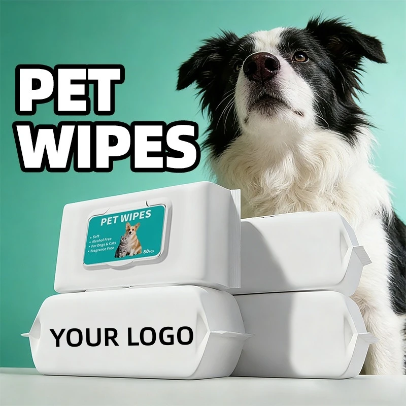 Custom logo 80PCS Disposable Pet Wet Wipes for Dogs Cats Hypoallergenic Alcohol Free Cleaning Wipes for Paws Eyes Ears