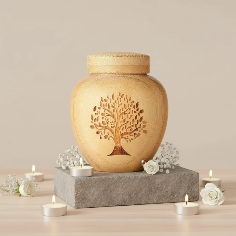 Customizable Bamboo Pet Cremation Urn with Tree of Life Design Barrel Shape Coffin Lid for Cats & Dogs