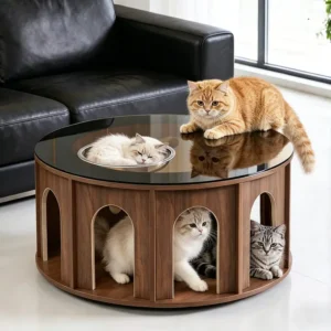 Customizable OEM ODM Luxury Pet Side Table Glass Top Multi Layer Solid Wood Button Closure Round Small Dog & Cat Indoor House