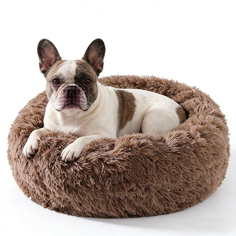 Customize Long Pile Fabric Plush Soft Warm Pet Beds With Anti-slip for Dogs and Cats Round Nest Calming Bed