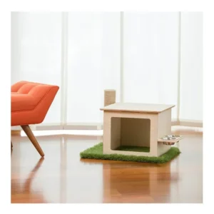 Customized Animals Pet Wooden Cat Furniture Bed House with Two Feeding Bowls