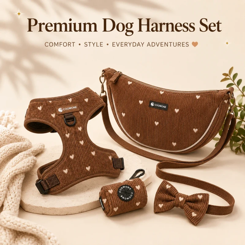 Customized Dog Harness Pet Leash Corduroy Pet Harness and Leash Set Dog Collar with Bow Tie No Pull Dog Harness Set