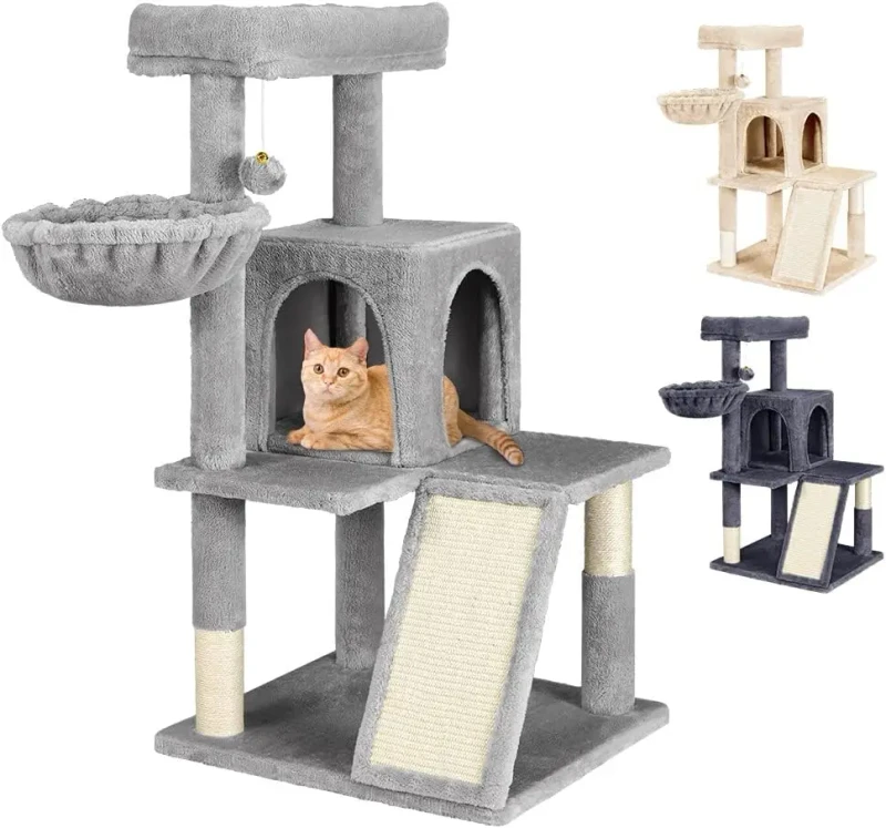 Customized Logo Eco Friendly Wood Grey Tall Cat Tower with Scratching Post Cat Tree for Indoor Cats