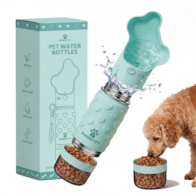 Customized Logo Portable 14 oz Dog Water Bottle Stainless Steel Pets Feeder with Bone Lid