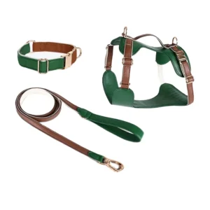 Customized Luxury Small Dog Harness and Collar with Adjustable Leash Luxury Leather Pet Hiking Collar Leash Sets for Walking