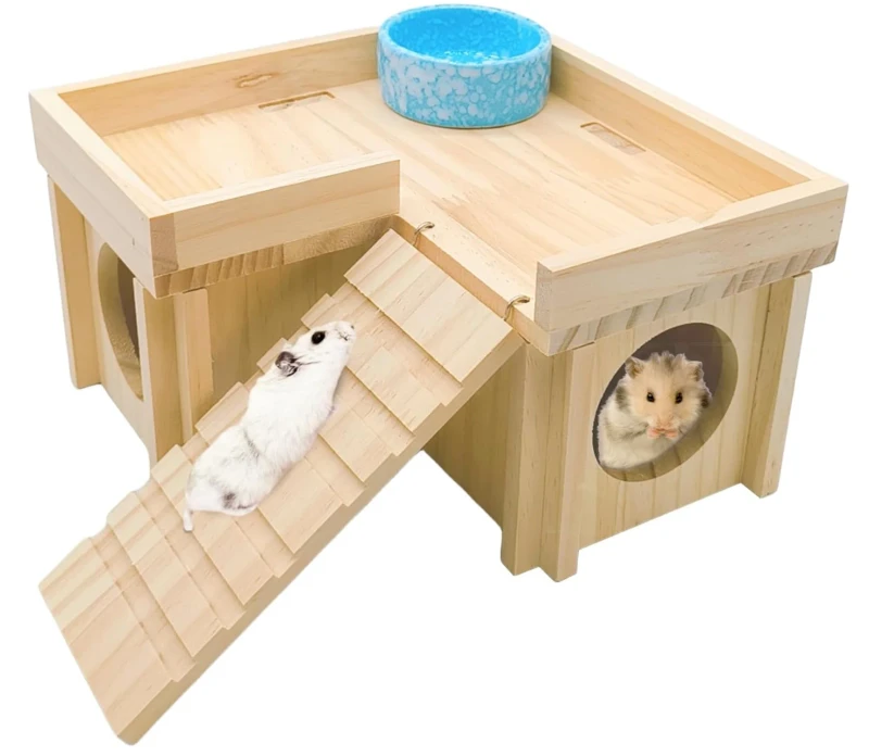 Customized Natural Wooden Hamster House with Ladder Detachable Small Animals Cage