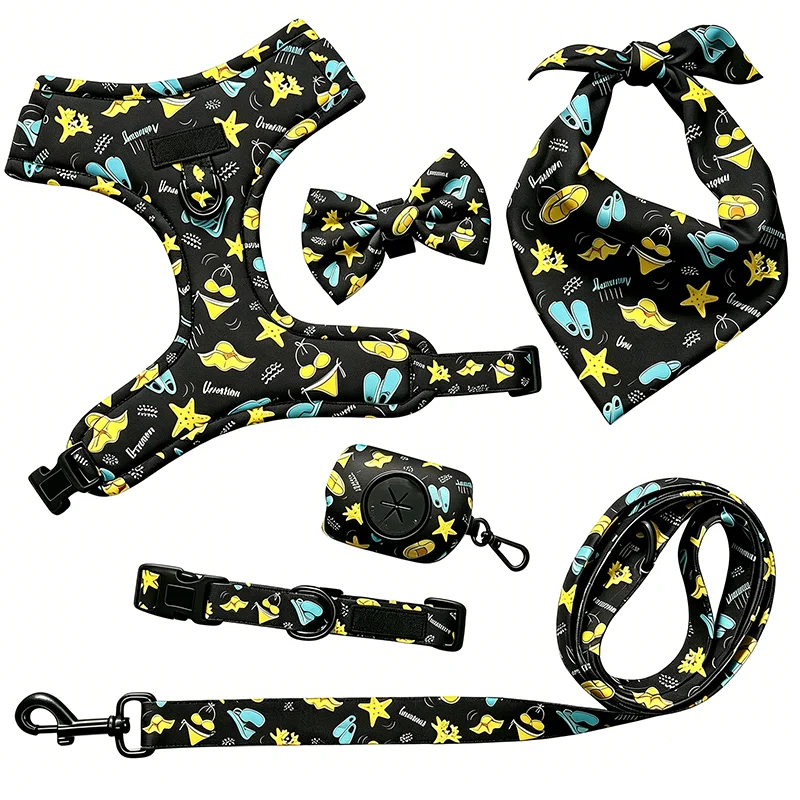 Customized Neoprene Soft Smile Face Luxury Dog Harness Customizable Polyester Sustainable Pet Dog Adjustable Harness Set