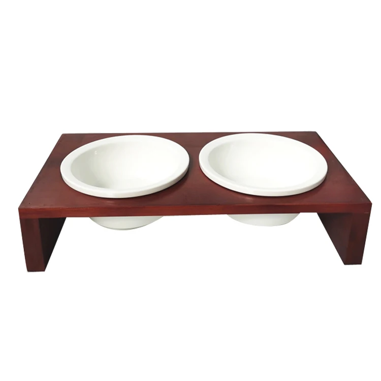 Customized Pet Bowls Stand Wooden Dog Cat Pet Feeder Elevated Ceramic Cat Bowls Bamboo Pet Feeder With Bowl