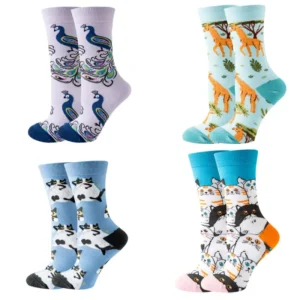 Cute Animal Socks Women Funny Dog Cat Socks Novelty Fun Crew Cotton Purple Socks