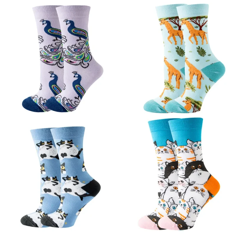 Cute Animal Socks Women Funny Dog Cat Socks Novelty Fun Crew Cotton Purple Socks