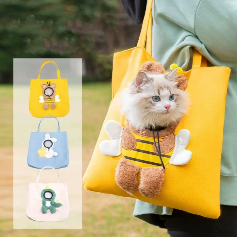 Cute Cartoon Canvas Cat Dog Going Out Travel Bag Available Outdoor Small Bee Styling One Shoulder Bag Tote Bag Pet Supplies