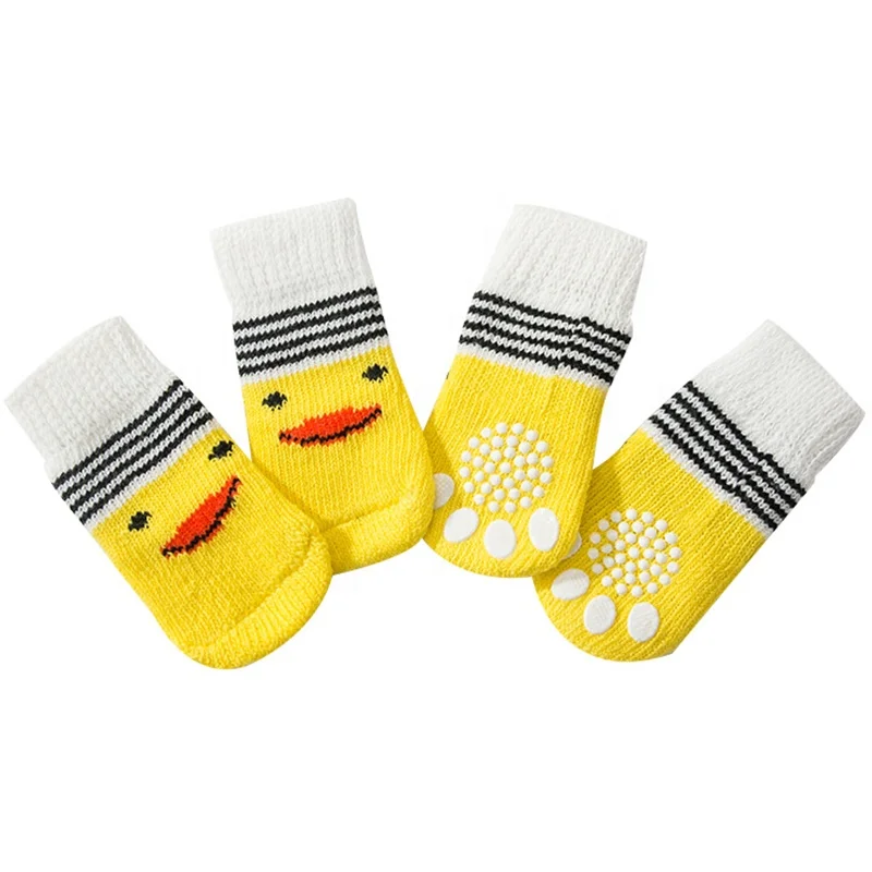 Cute Cartoon Duck Paw Anti Slip Rubber Dog Socks Fashion Style Waterproof Pet Sock Shoes with Grip Knitted Animal Pattern