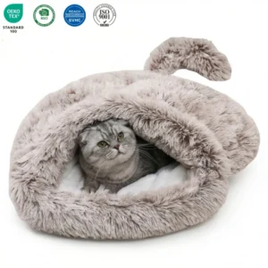 Cute Cat Cave with Tail for Winter Warm Fleece Oval Cat Shape Sleep Bed Calming Pet Bed Plush Cat Cave Bed