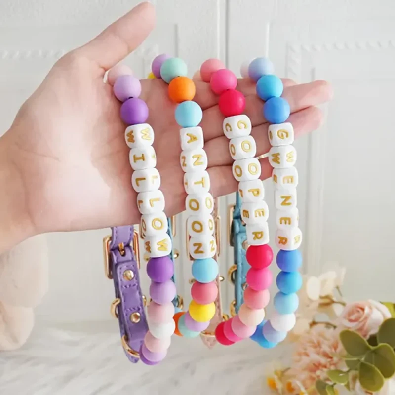 Cute Dog Collar with Beads Leather Pet Collar Adjustable Buckle Personalized Colored Dog Name Collar