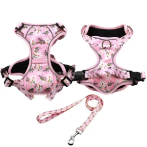Cute Fashion Luxury Pink Floral Print Reflective H Shape Padded Quick Release No Pull Trail Dog Harness & Leash Set