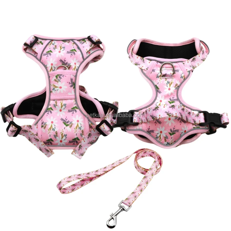 Cute Fashion Luxury Pink Floral Print Reflective H Shape Padded Quick Release No Pull Trail Dog Harness & Leash Set