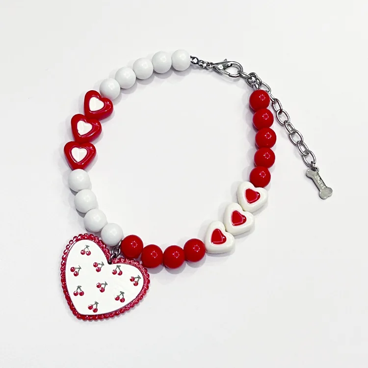 Cute Japanese Style Pet Collars and Necklaces for Cats and Dogs Heart and Cherry Pattern Lobster Clasp Closure