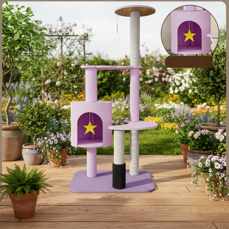 Cute Luxury Purple Large Cat Tree House with Adjustable Height 4 Level Sisal Wood Scratcher Carton Pack