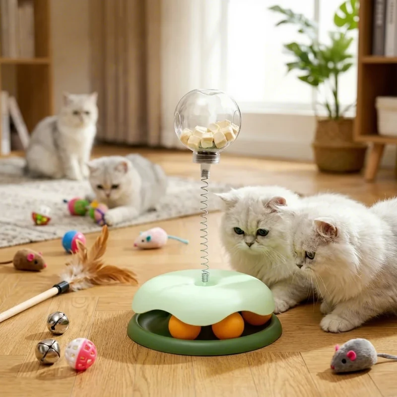Cute Waterproof Cat Turntable Toy with Food-Leaking Ball Interactive Boredom-Solving Teaser Manual Operated PP Material