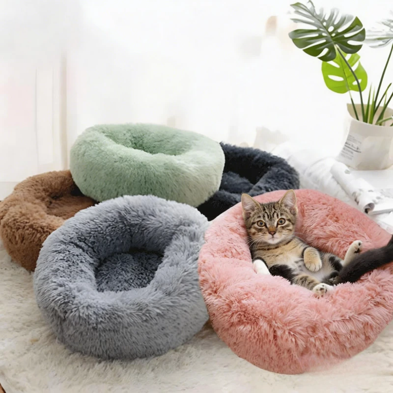 DEM/DOM Available Large Custom Cat Dog Pet Bed Washable Soft Fluffy Cushion Solid Pattern Plush Donut Dog Bed Accessories Faux