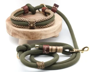 Dark Green Climbing Rope Hands Free Tactical Nylon Rope Dog Collar and Rope Wrapped Dog Leash with Leather Logo