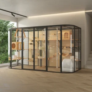 Deluxe Large Cat House with Removable Wheels Rubber Wood Shelves and Shatterproof Glass Pet Mansion