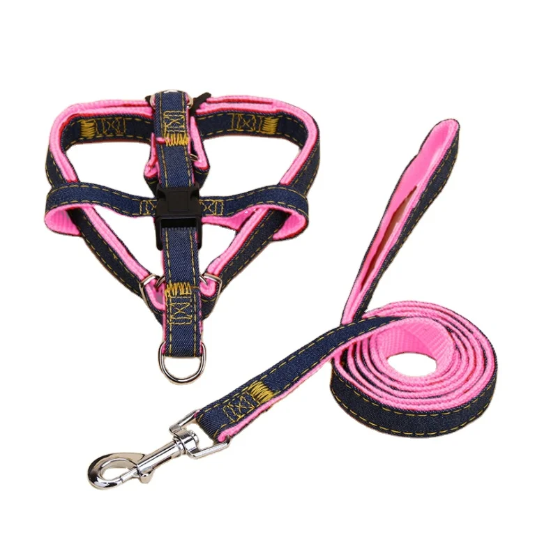 Denim Dog Walking Harness and Leash Set Comfortable Pet Collars and Leashes