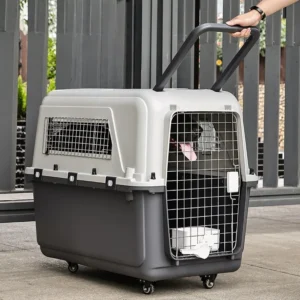 Detachable Airline Approved Large Plastic Kennel with Wheels Solid Pattern Iron Pet Dog Carrier Cat Cage for Outdoor Travel