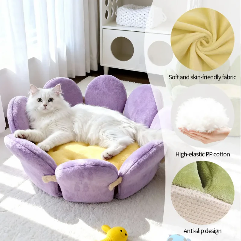 Detachable Round Flower Pet Bed CatDog Bed Soft Sponge Plush Petal Convertible Sleeping Nest Pet Supplies Pet Accessories