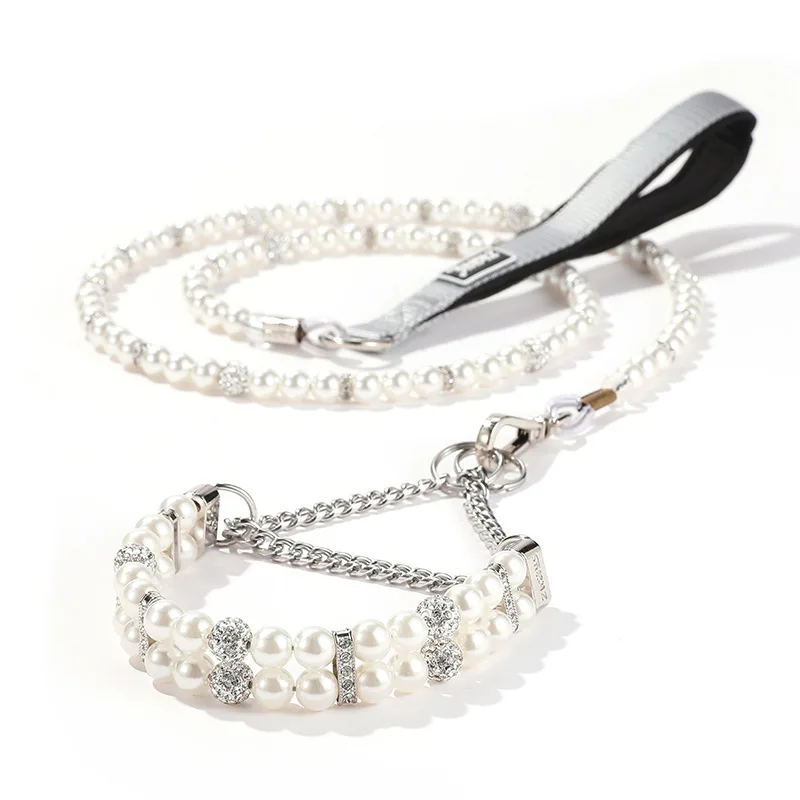 Diamond Pearl Pet Necklace Collar Lead Rope Luxury Dog Jewelry Rhinestone Collar Leash Set
