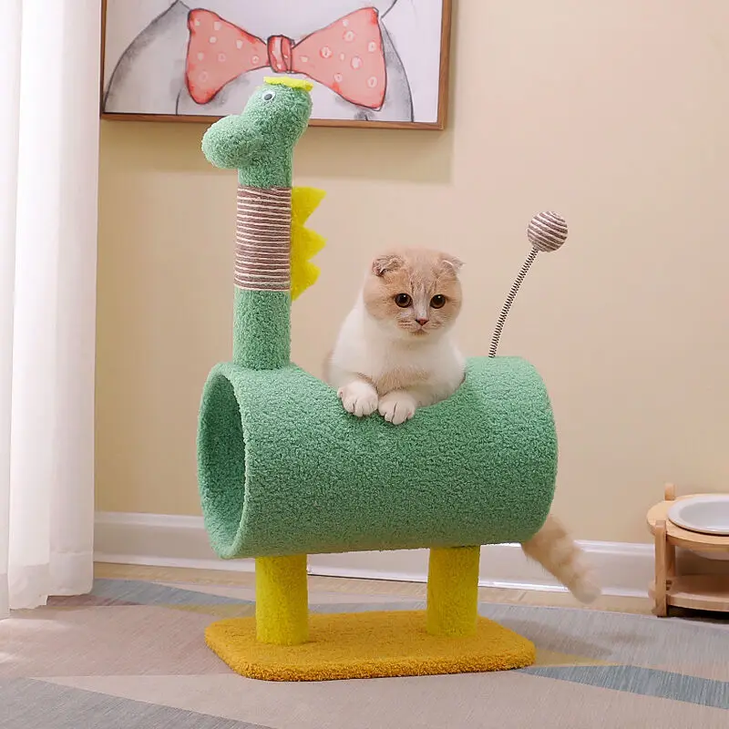 Dinosaur Themed Cat Scratching Post Toy Furniture Cartoon Cat Tree with Claw Scratcher Pole Tunnel Kitten Friendly Sisal Cover