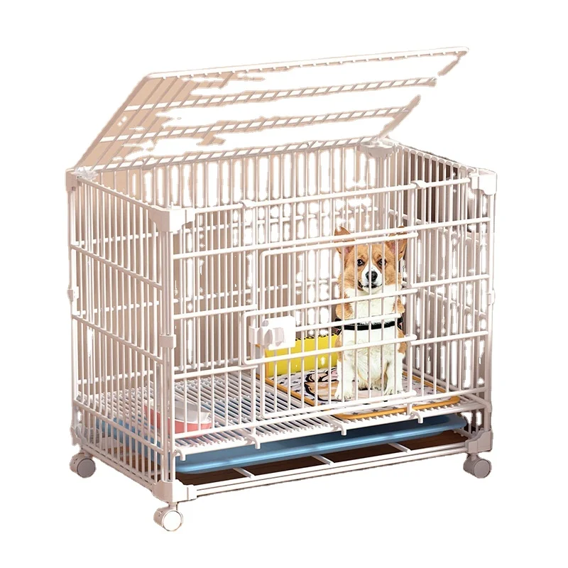 Dog Cage Thickened with Wheels Indoor Small Transport Pet Villa Toilet Separated Kennel Wire Frame All Seasons