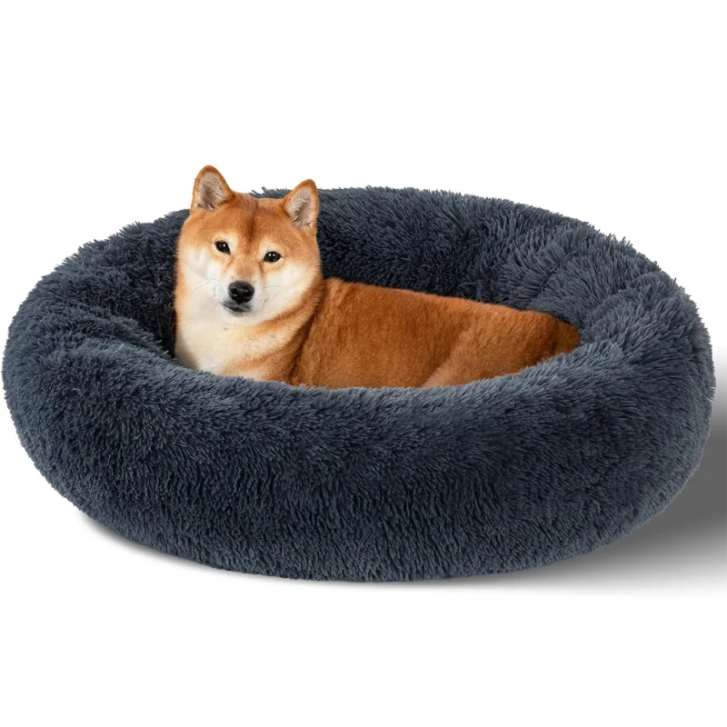 Dog Calming Beds for Small Medium Large Dogs Round Donut Washable Puppy Dog Bed Anti Slip Faux Fur Fluffy Cuddle Cat Pet Bed