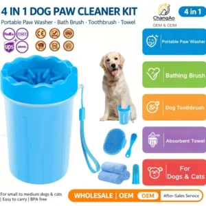 Dog & Cat Paw Cleaner Kit 4 in 1 Eco Friendly Plastic Portable Paw Washer Bathing Brush Toothbrush Towel OEM