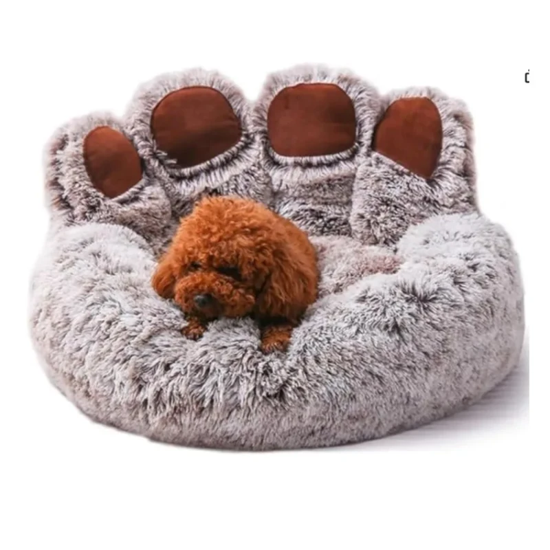 Dog & Cat Pet Bed Coffee Round Soft PP Cotton Filled Anti Slip Bottom Cute Bear Claw Design Machine Washable