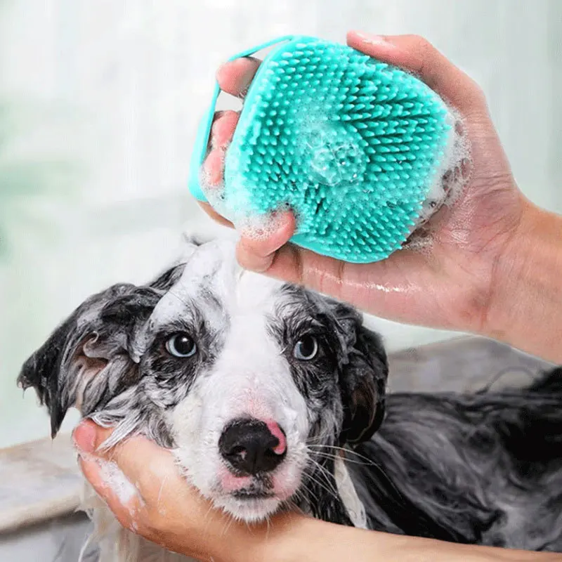 Dog Cat Soft Silicon Shampoo Shower Brush Pet Grooming Bath Massage Brush with Soap Dispensing Scrubber