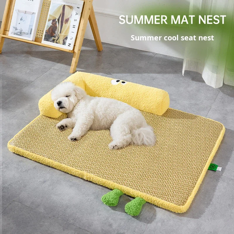 Dog Cat Summer Cooling Rectangle Rattan Pet Bed with Thickened Sponge Detachable Washable Design
