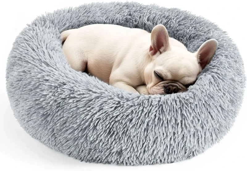 Dog & Cat Wool Bed 20in Calming Donut Shape Washable Fluffy Pet Bed for Small Medium Dogs & Cats Living Room Use