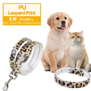 Dog Collar with Leash Leopard Print Adjustable Buckle Closure PU Rivet Pet Collar for Small Medium Dogs Fashion Pet Necklace