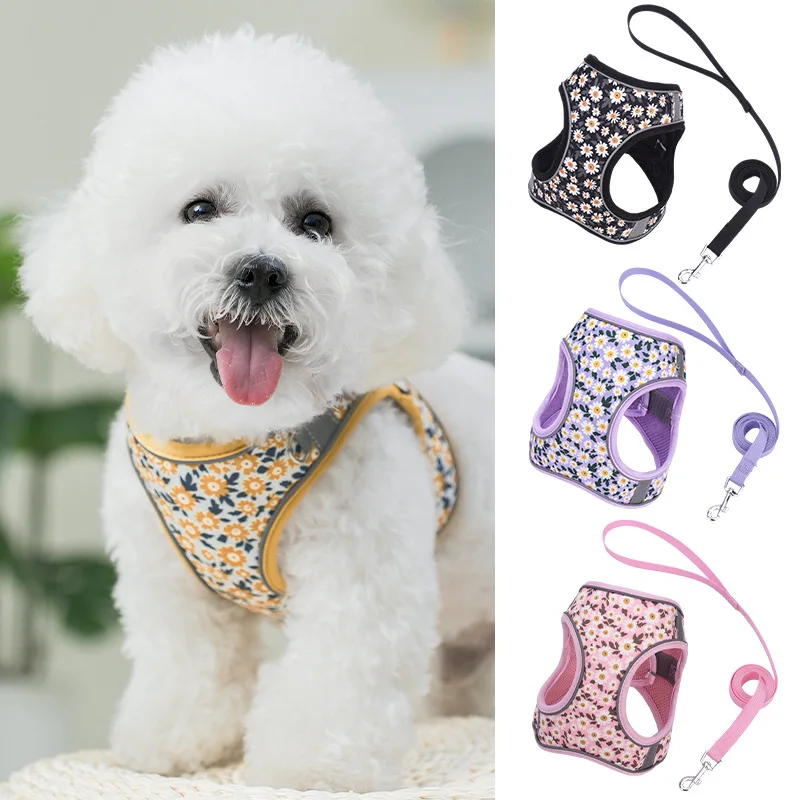 Dog Harness Leash Set Luxury Adjustable Buckle Comfortable Reflective Stripe Tiny Breed Outdoor Walking