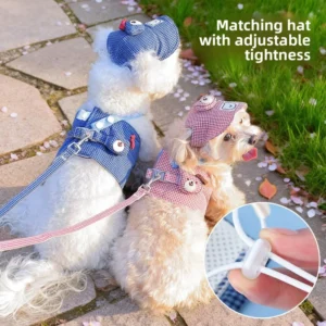 Dog Harness & Leash Vest Style Walking Aid with Gingham Check Pattern Lightweight Comfortable for Small Medium Dogs Outdoor Use