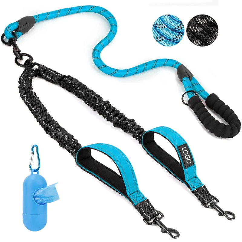 Dog Leash Heavy Duty No Tangle Double Dog Leash Shock Absorbing Dual Bungee Pet Lead Reflective 2 Way Training Walking Rope