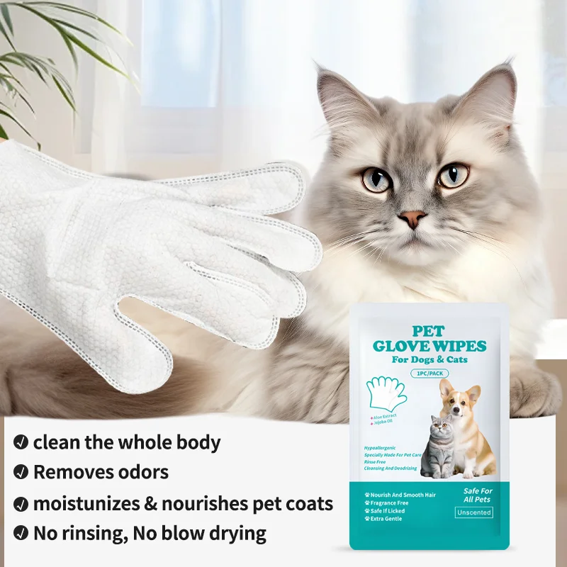 Dog Wet Wipes Gloves Single Packaging Biodegradable Pet Grooming Gloves Soft Disposable Wet Wipes for Dog and Cat Private Label
