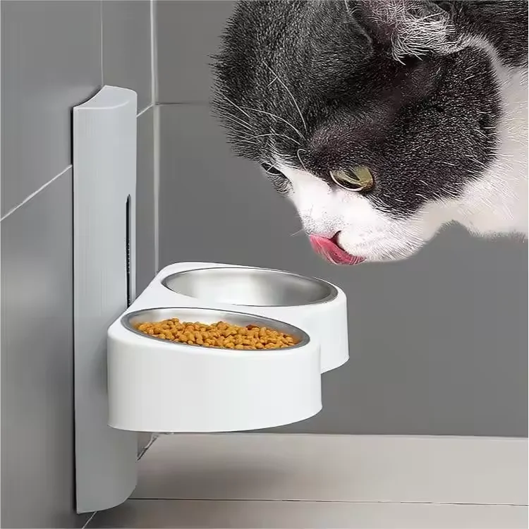 Double Bowl Stainless Steel Pet Feeder Heat-Resistant Wall-Mounted Eating Bowl Dishwasher Safe & Rustproof Hanging Design