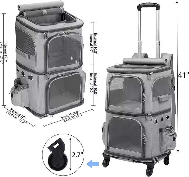 Double Compartment Pet Backpack Carrier Wheels Breathable Leather Mesh Fabric Nylon Metal Print Oxford Zipper for