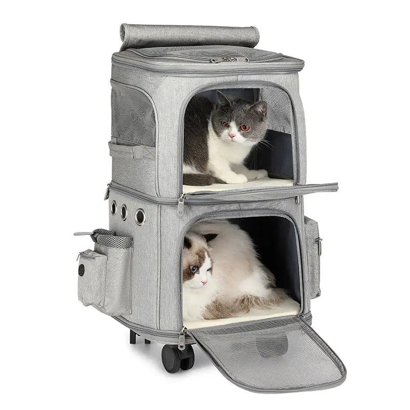 Double Compartment Pet Carrier for Cats and Small Dogs Travel Suitcase Portable 4 Wheels Carriage Foldable Cage Bag Trolley