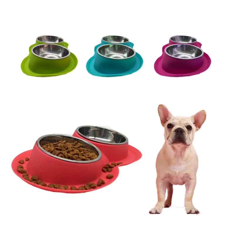 Double Dog Cat Bowls Silicone Tilted Raised Pet Feeder with Non Slip Base Detachable Stainless Steel Bowl Set for Food & Water