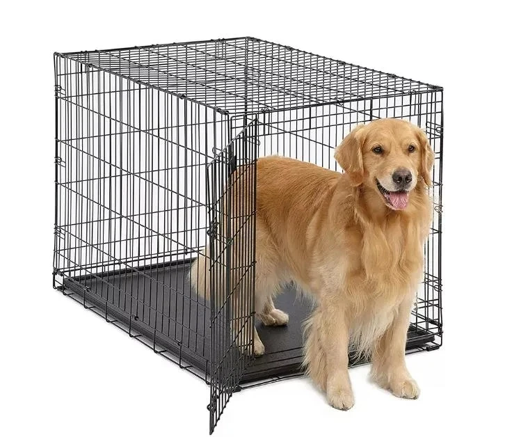Double Door Pet Dog Kennel Crate Cage With Black Metal Foldable Heavy Duty Large 48inch
