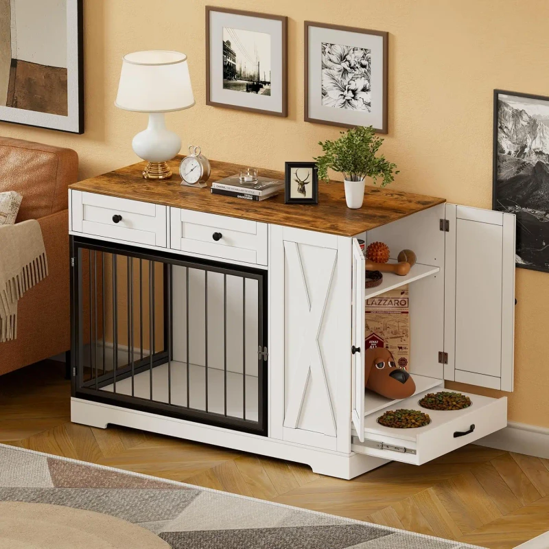Double Door Wooden Pet House with 2 Drawers Furniture Style Dog Crate Table & End Table Kennel & Storage Cabinet for Pets